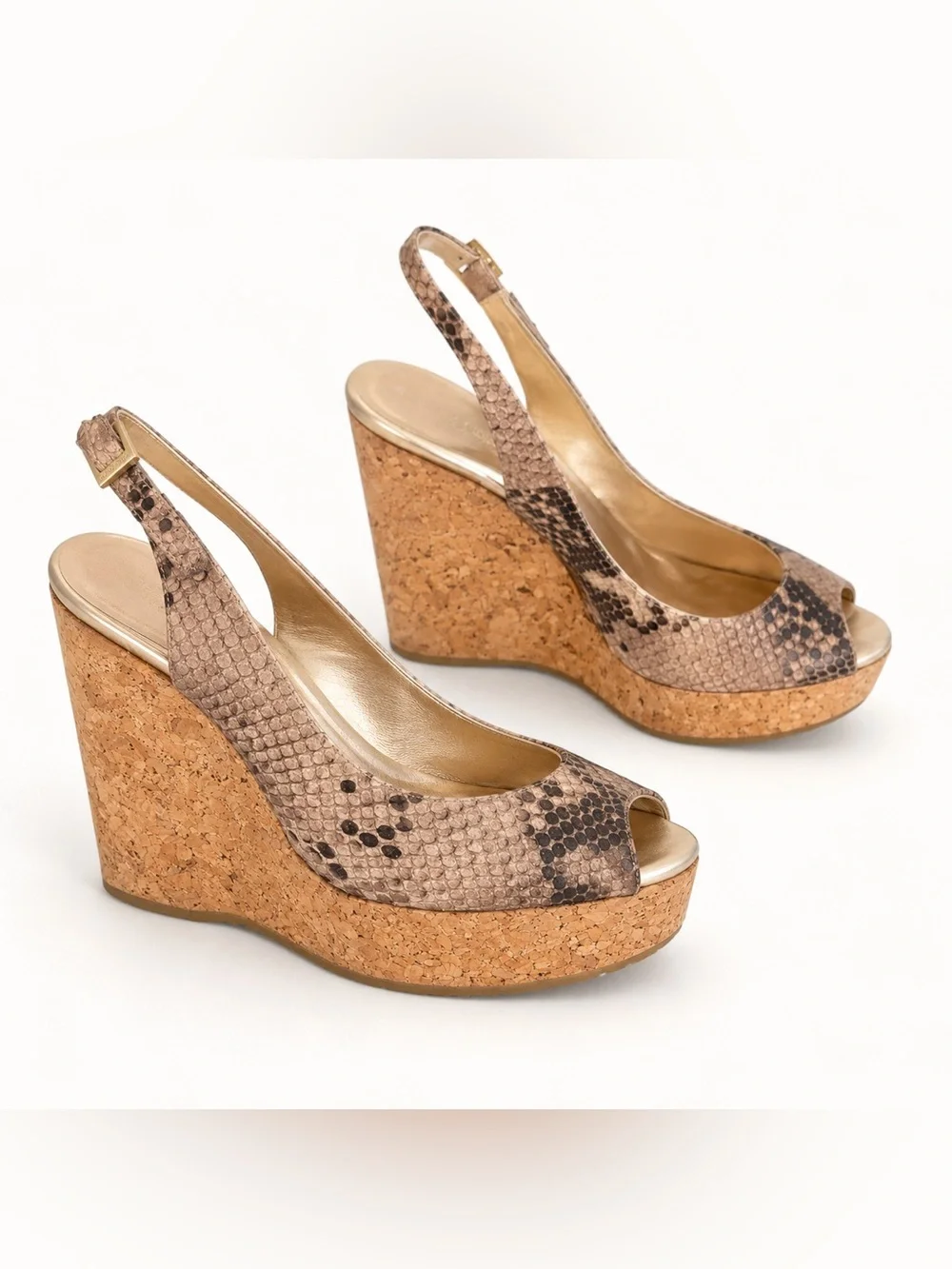 Jimmy Choo Snakeskin Leather Cork Slingback Wedge 38